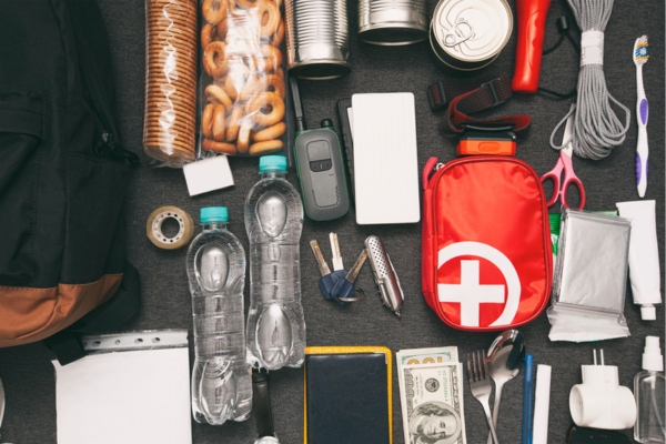 Image of an emergency backpack with contents organized on the table