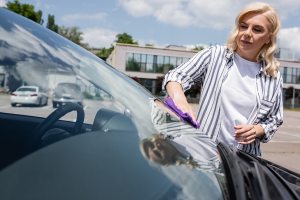 car owner wiping windshield outdoors