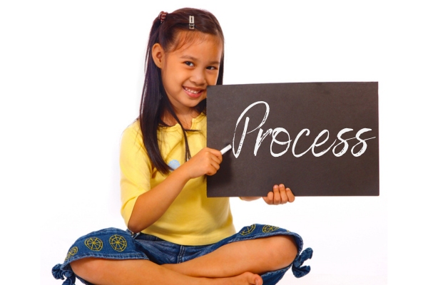 kid holding a small blackboard with process written using a chalk