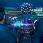 Autonomous car with passengers depicting windshield technological advancement