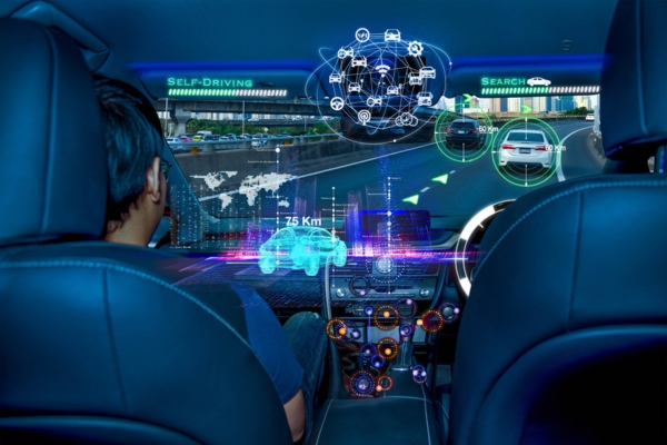 Autonomous car with passengers depicting windshield technological advancement