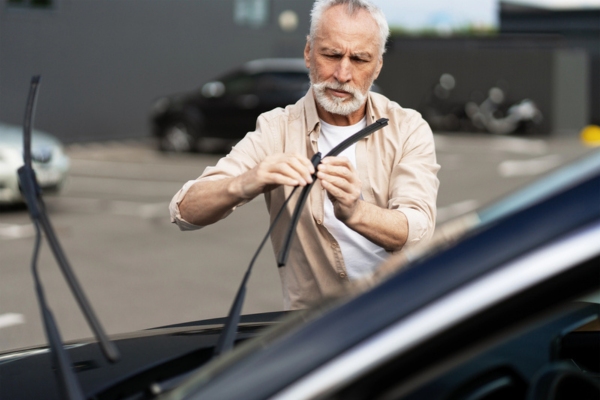 Bearded senior man installing new wiper blades in his car